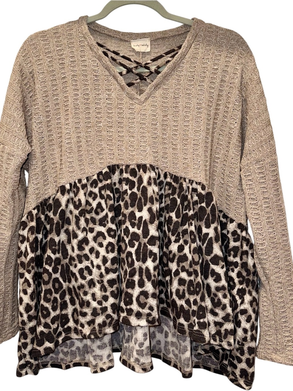 Tan & Leopard Colorblock Knitted-LongSleeve-Top With Criss-Cross Detail At Neck!
